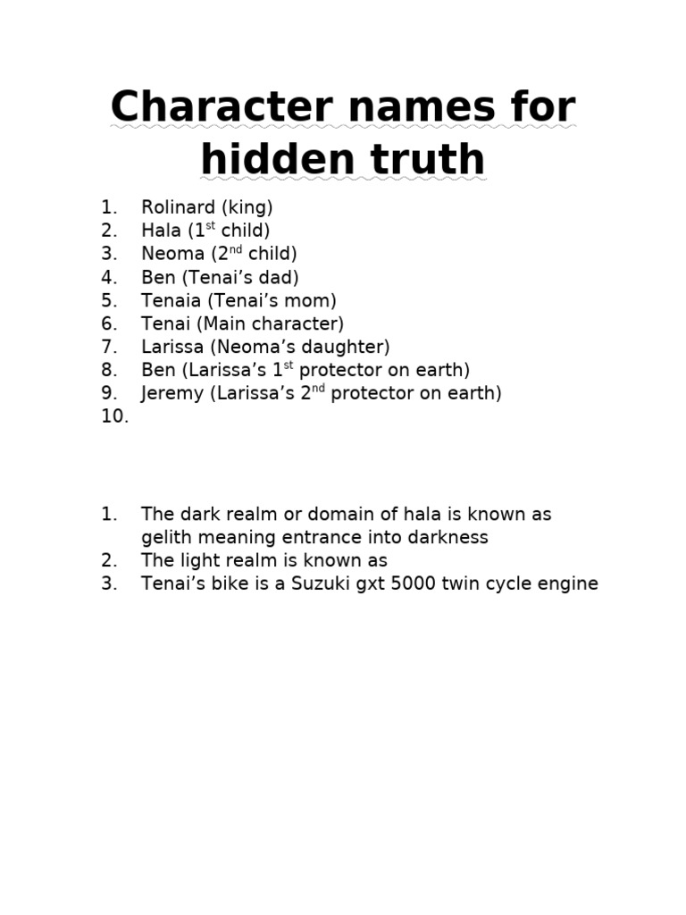 Character Names for Hidden Truth PDF