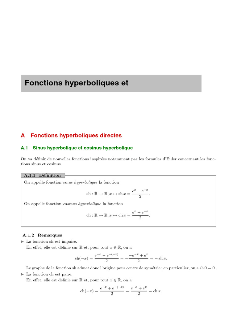 Fonctions hyperboliques et réciproques | PDF | Fonction (Mathématiques ...