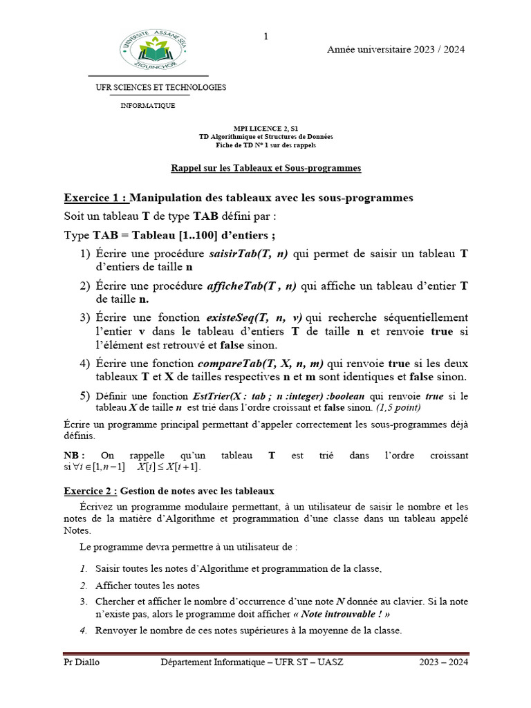 TD Algorithmique : Tableaux et Notes | PDF | Programmation informatique ...