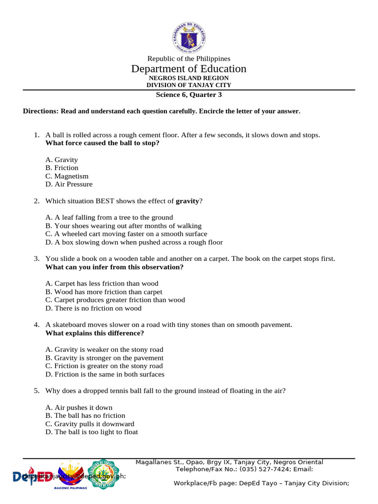 Science 6 Quarter 3 Exam: Forces & Friction | PDF | Friction ...