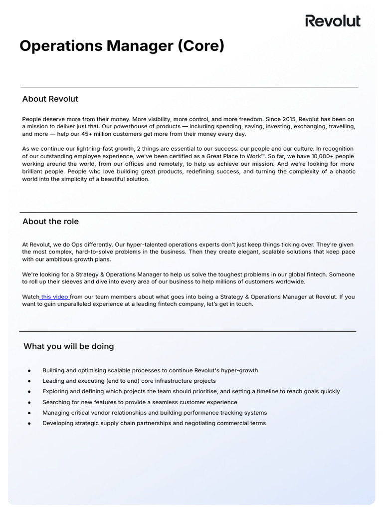 Operations Manager Role at Revolut | PDF | Business | Economies