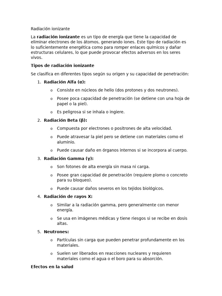 Tipos y efectos de la radiación ionizante | PDF | Radiación | Radiación ...