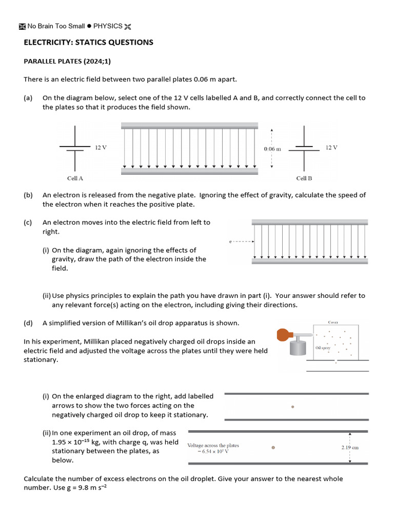 Electricity Statics: Parallel Plates Questions | PDF | Electron | Anode