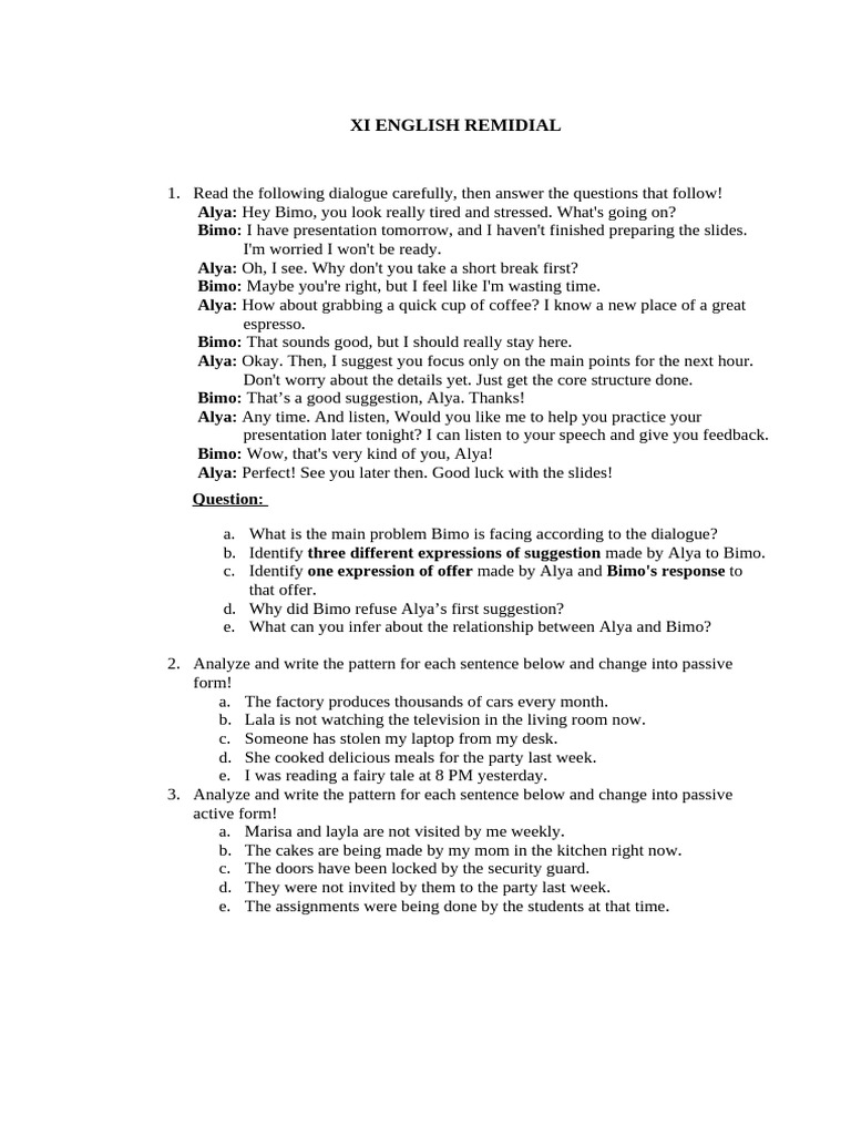 XI English Remedial Dialogue & Exercises | PDF