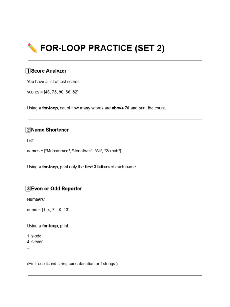 For-Loop Practice Exercises Set 2 | PDF