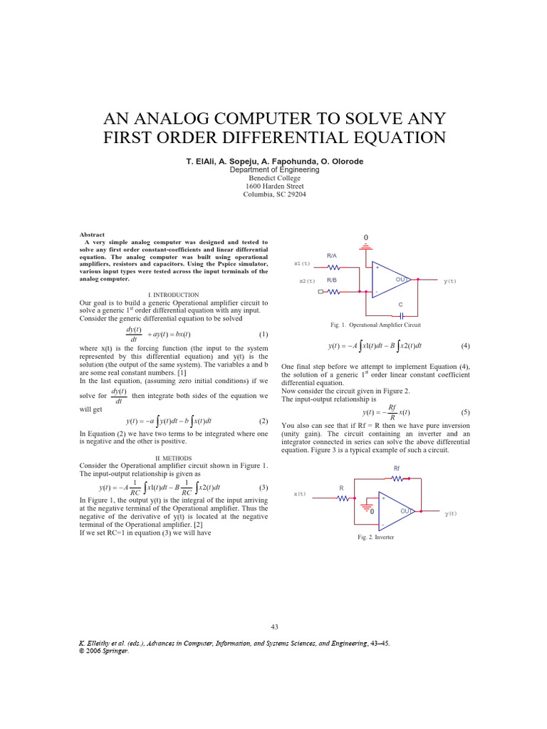 Analog Computer for First Order DEs | PDF | Operational Amplifier ...
