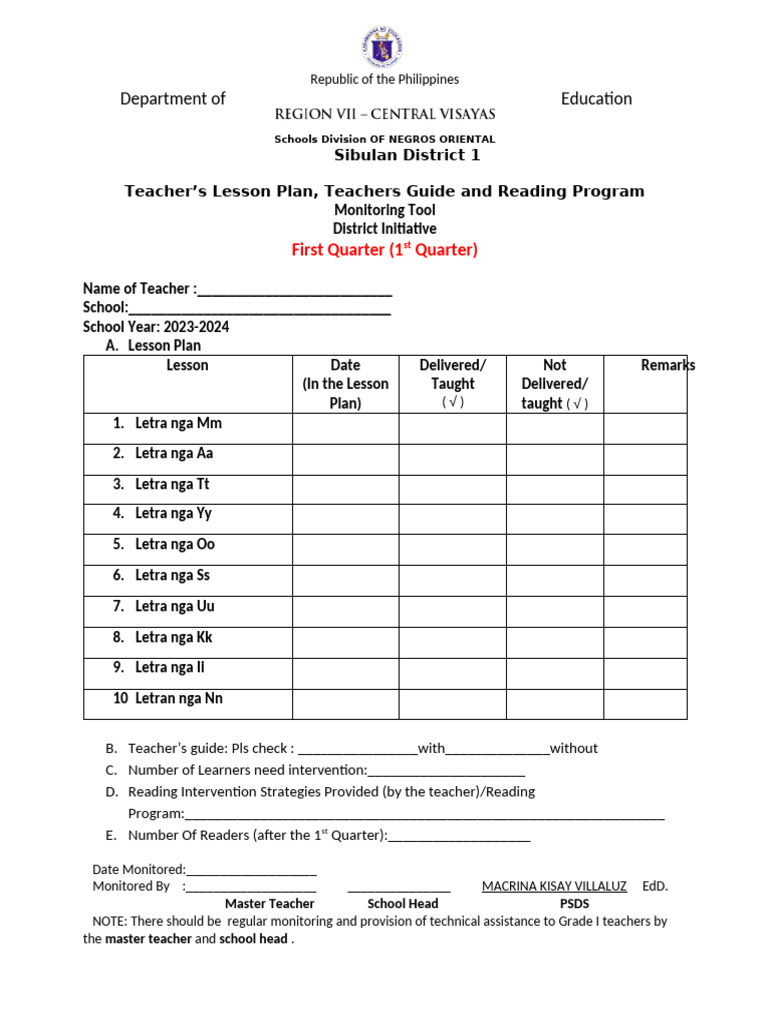 Teacher's Lesson Plan & Monitoring Tool | PDF