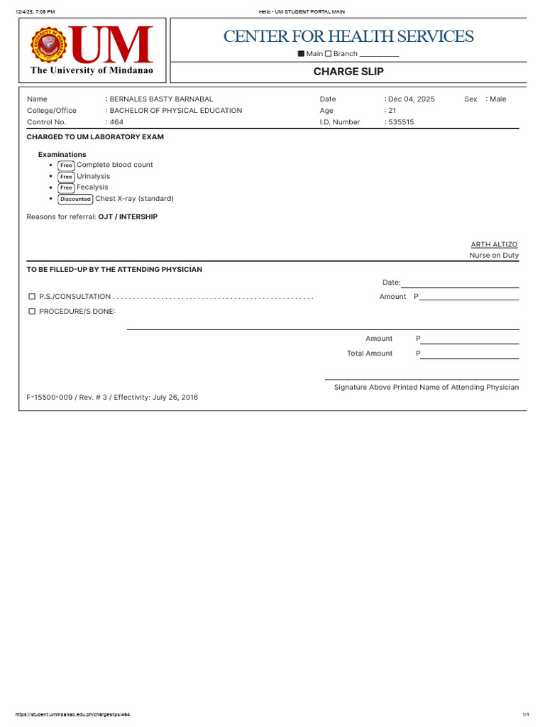 Charge Slip for Health Services Exam | PDF