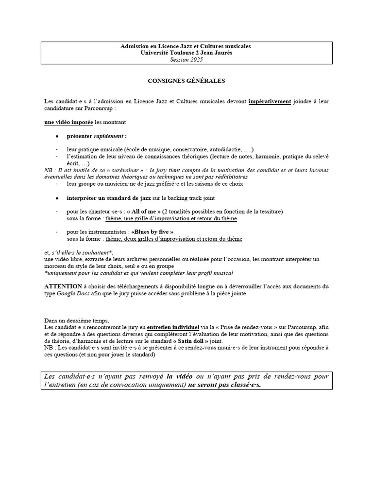 Admission Licence Jazz 2025 Conditions Et Vid os PDF
