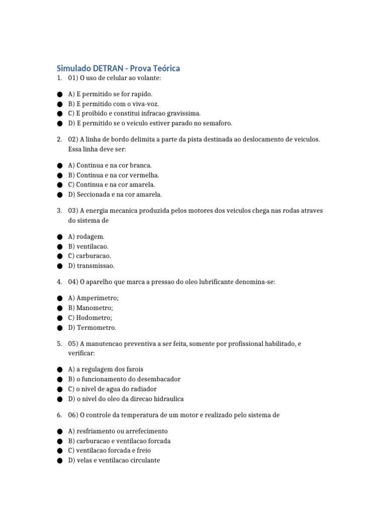 Simulado Teórico DETRAN: Questões e Respostas | PDF | Tráfego