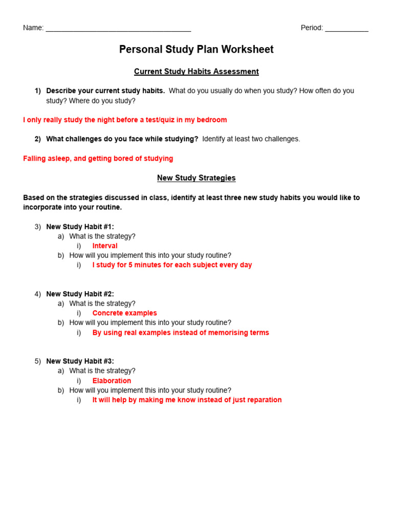 Copy of Personal Study Plan Worksheet | PDF | Cognition | Cognitive Science