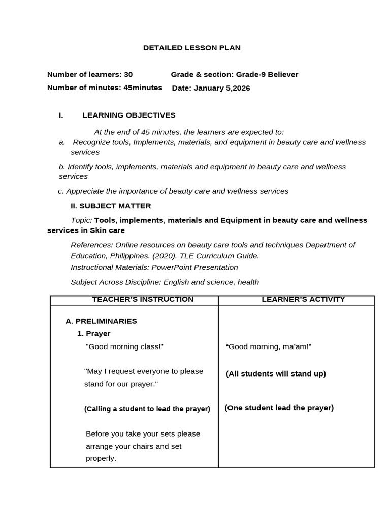 Grade 9 Beauty Care Lesson Plan | PDF | Massage