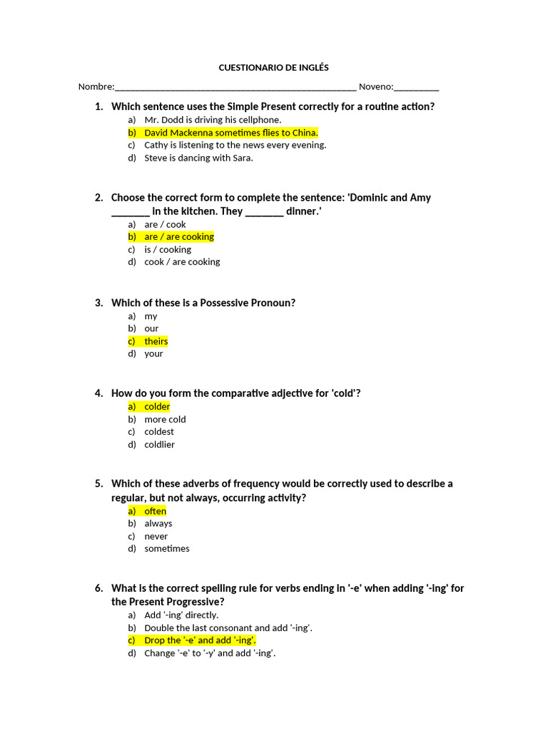 English Grammar Quiz for Beginners | PDF | Verb | Linguistic Morphology