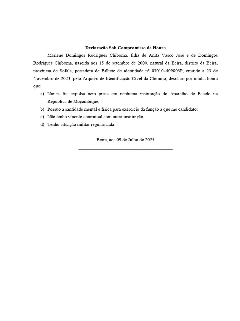 Declaração de Compromisso de Honra | PDF