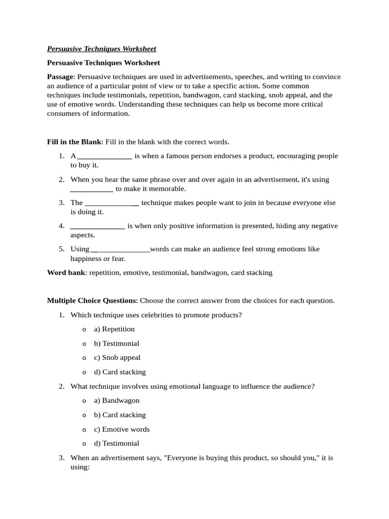 Persuasive Techniques Worksheet | PDF | Advertising | Psychological ...