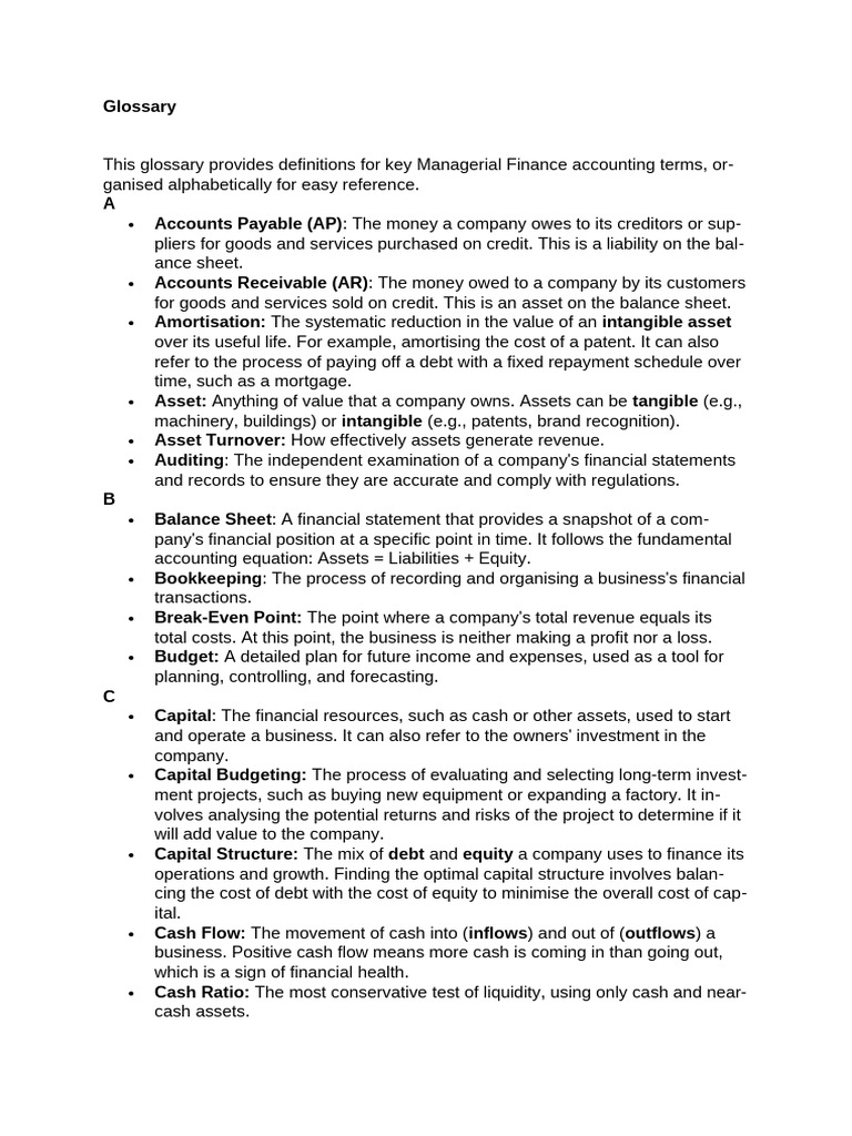 Managerial Finance Terms Glossary | PDF | Equity (Finance) | Debits And ...
