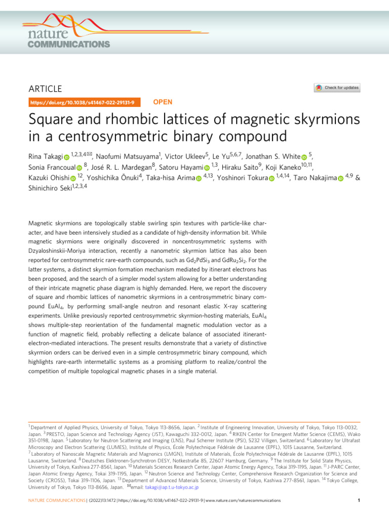 Square and Rhombic Lattices of Magnetic Skyrmions in a Centrosymmetric ...