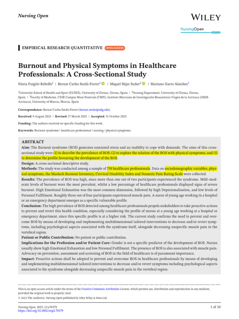 Burnout and Physical Symptoms in Nurses | PDF | Occupational Burnout | Pain