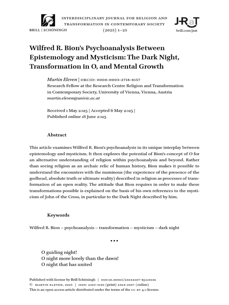 Bion's Psychoanalysis: Mysticism & Transformation | PDF ...