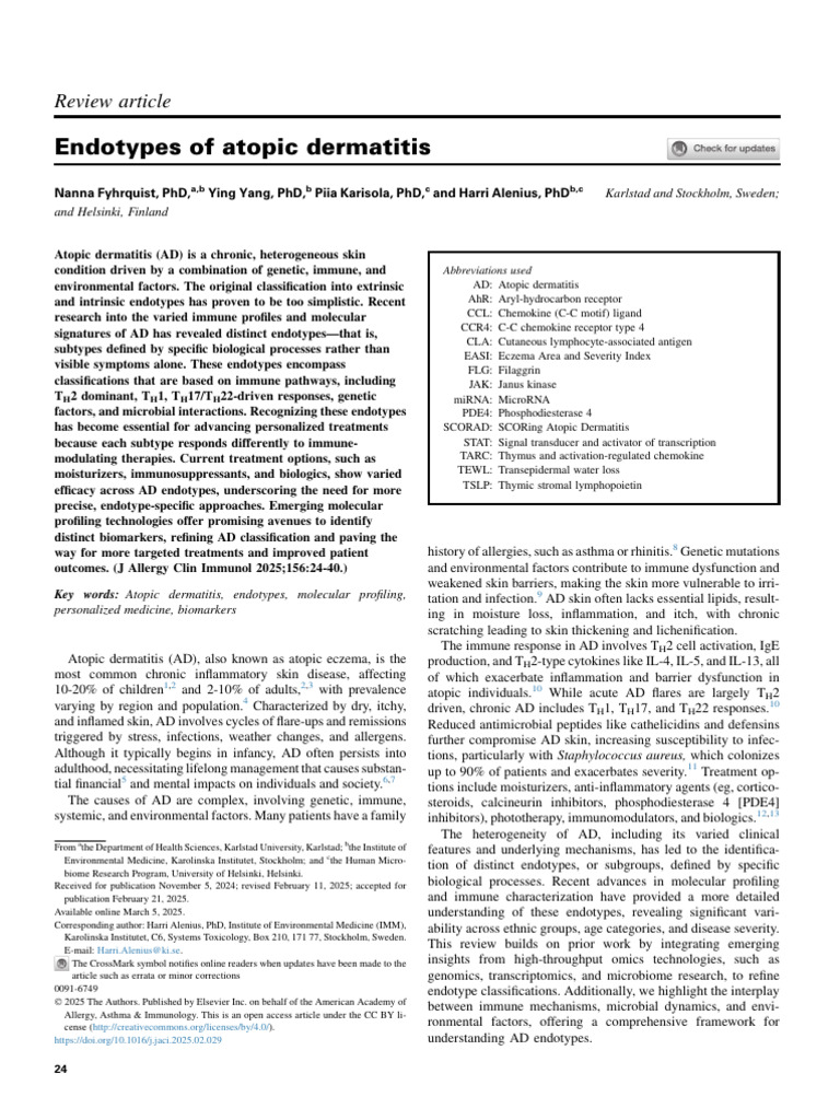 Endotypes of Atopic Dermatitis | PDF | Inflammation | T Helper Cell