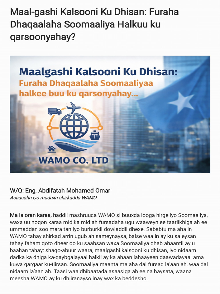 Maal-Gashi Kalsooni Ku Dhisan Furaha Dhaqaalaha - 260109 - 053940 | PDF