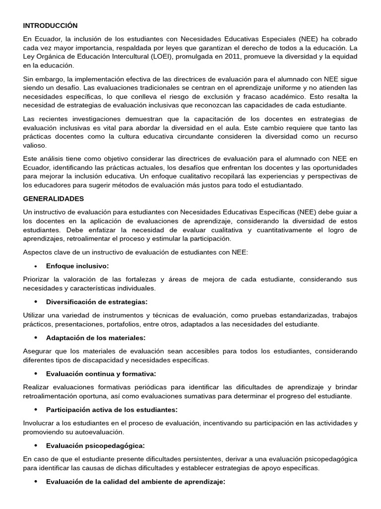 Evaluación Inclusiva para Estudiantes NEE | PDF | Evaluación | Aprendizaje