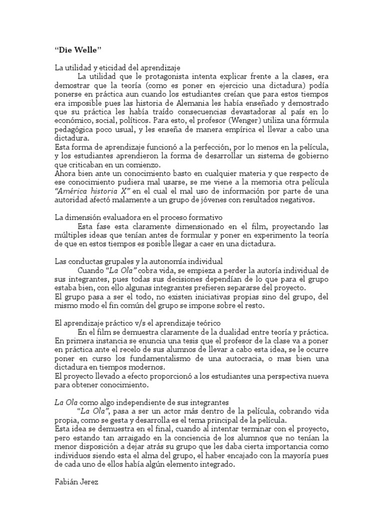 Ensayo, Pelicula La Ola (Die Welle), 2009 Aprendizaje Conocimiento Prueba gratuita de 30