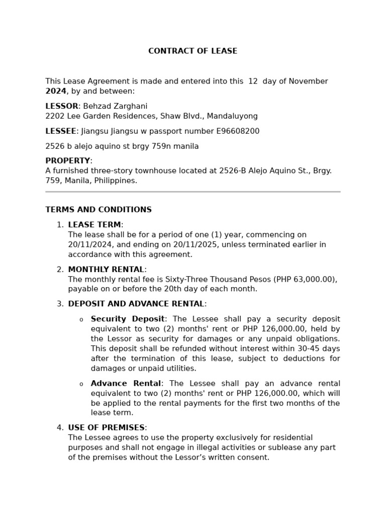 Manila Townhouse Lease Agreement 2024 | PDF | Lease | Common Law