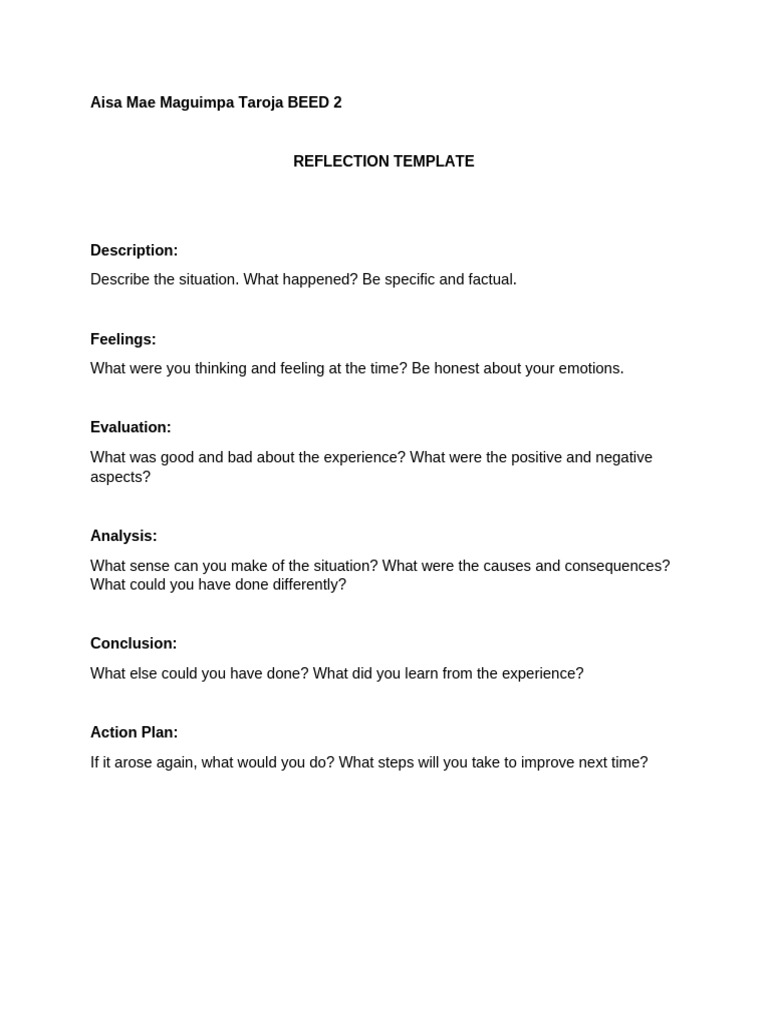 Reflection Template for BEED Students | PDF