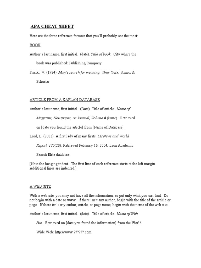 Apa Cheat Sheet PDF World Wide Web & Web