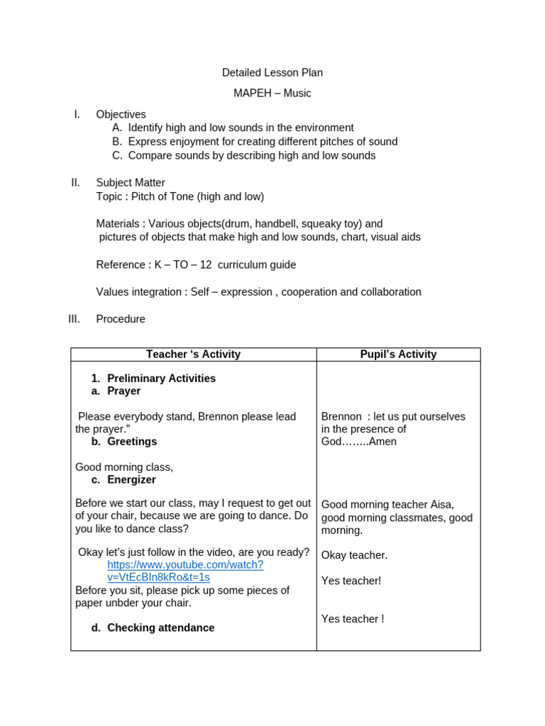 Lesson Plan on High and Low Sounds | PDF | Pitch (Music)