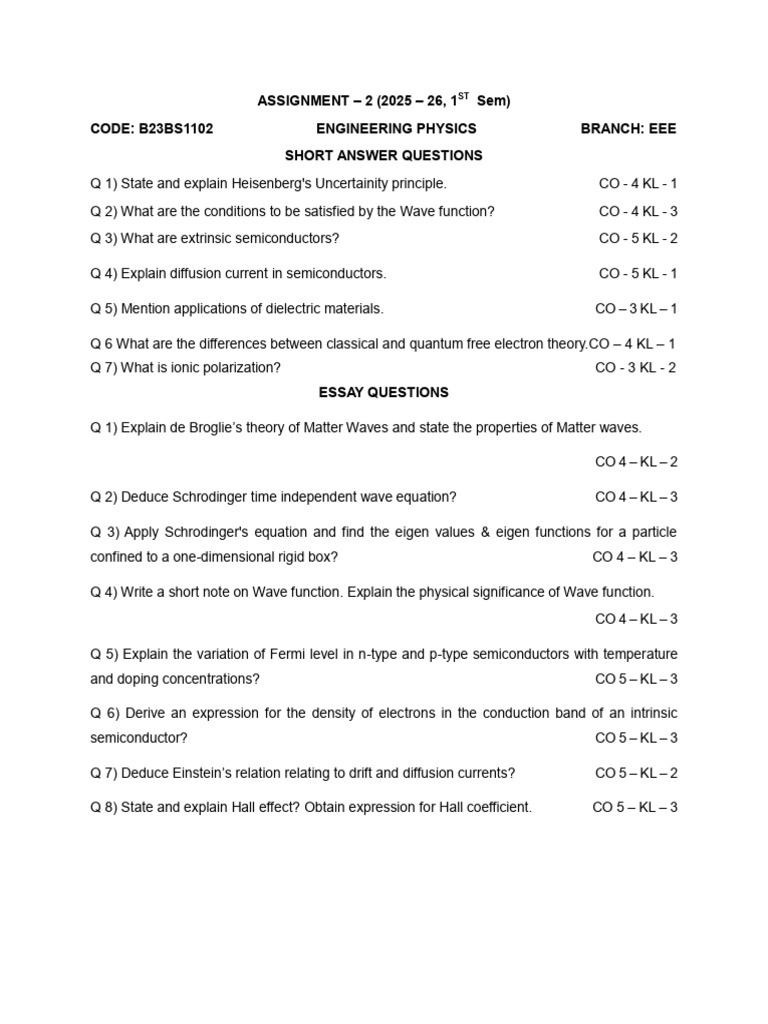Engineering Physics Assignment 2025-26 | PDF