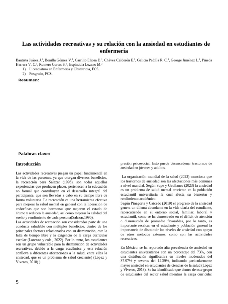 Recreación y ansiedad en estudiantes de enfermería | PDF | Ansiedad ...