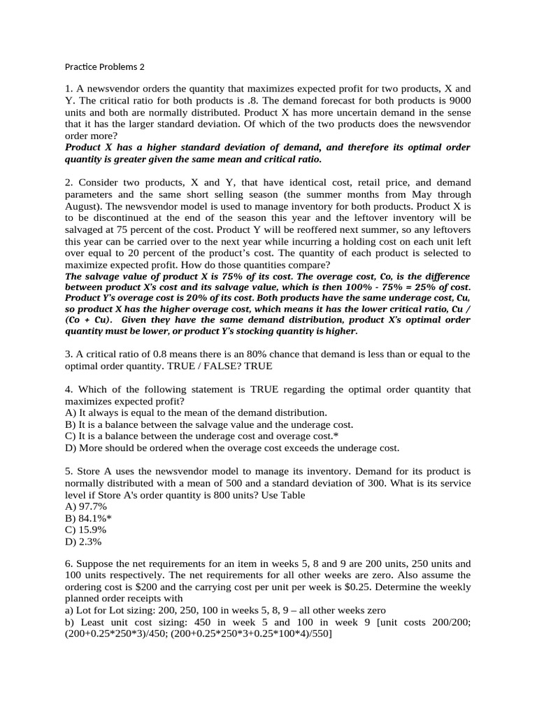 Newsvendor Model Practice Problems | PDF | Demand