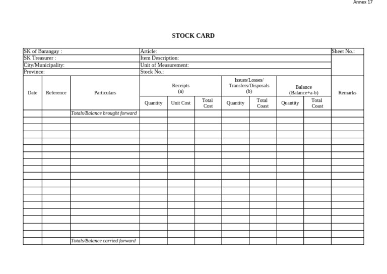 Barangay Stock Card Template | PDF