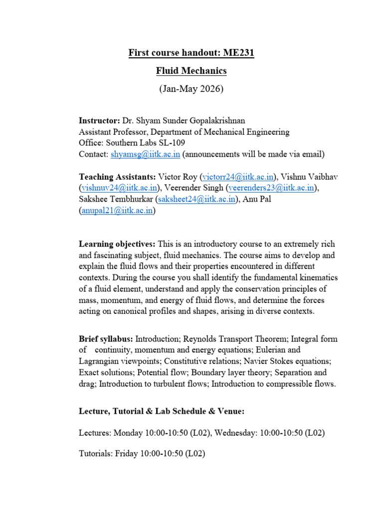 ME231 Fluid Mechanics Course Overview | PDF | Fluid Dynamics ...