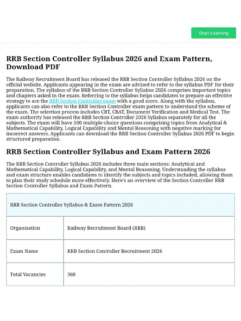 RRB Section Controller Syllabus 2026 and Exam Pattern, Download PDF | PDF