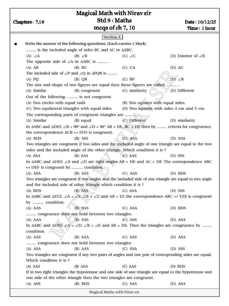 MCQs for Std 9 Maths Chapters 7 & 10 | PDF | Geometric Shapes ...