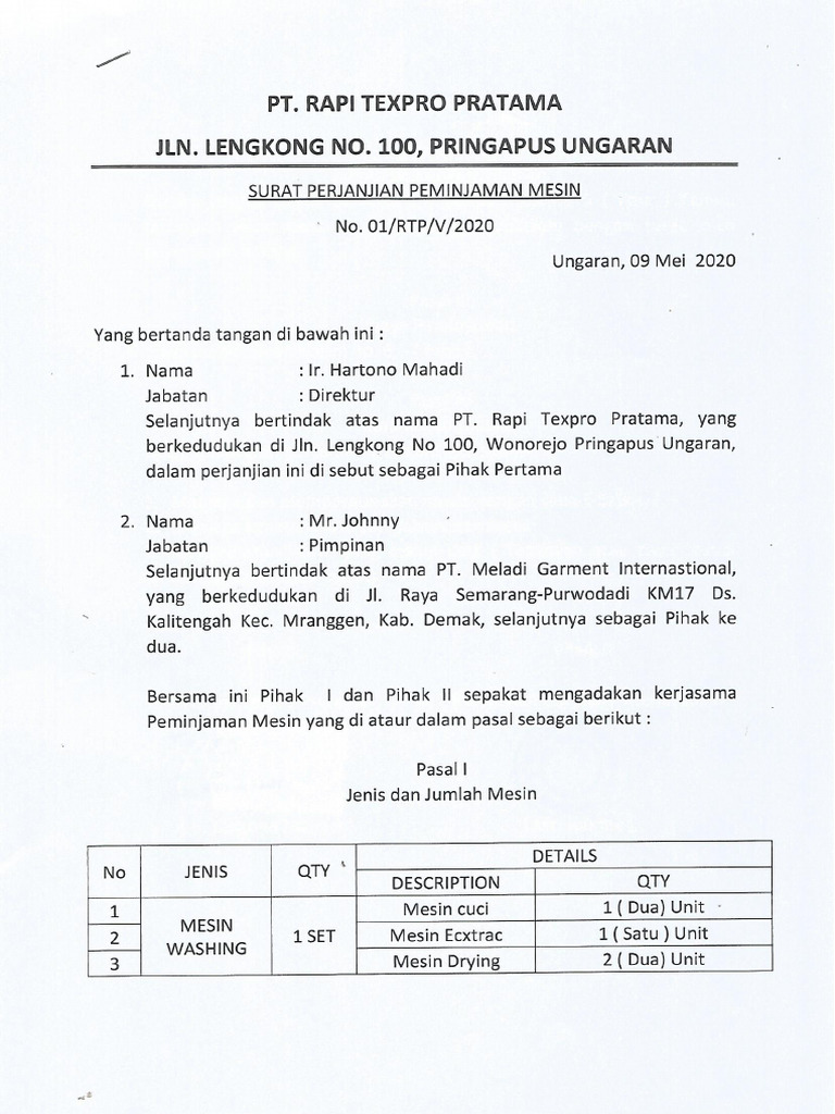 No 01 Surat Perjanjian Peminjaman Mesin PT Rapi Texpro Pratama | PDF