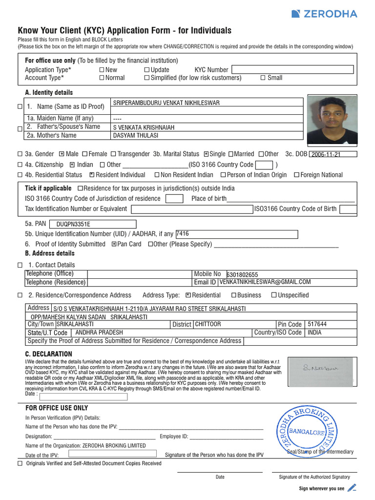 KYC Application Form for Individuals | PDF | Identity Document | Stocks