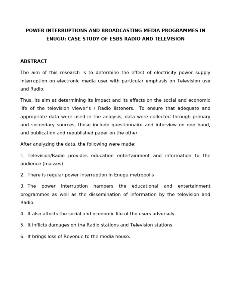 Impact of Power Interruptions on Broadcasting in Enugu | PDF | Electric ...