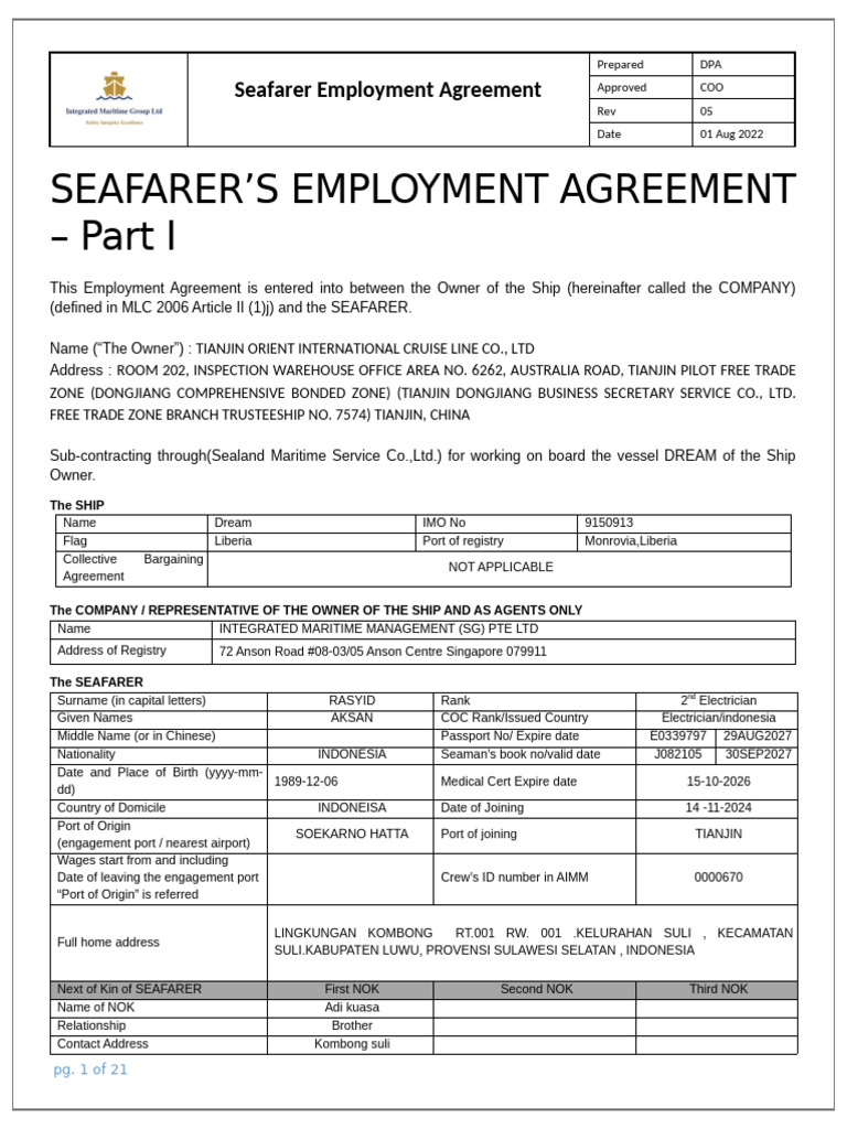Seafarer Employment Agreement Details | PDF | Overtime | Salary
