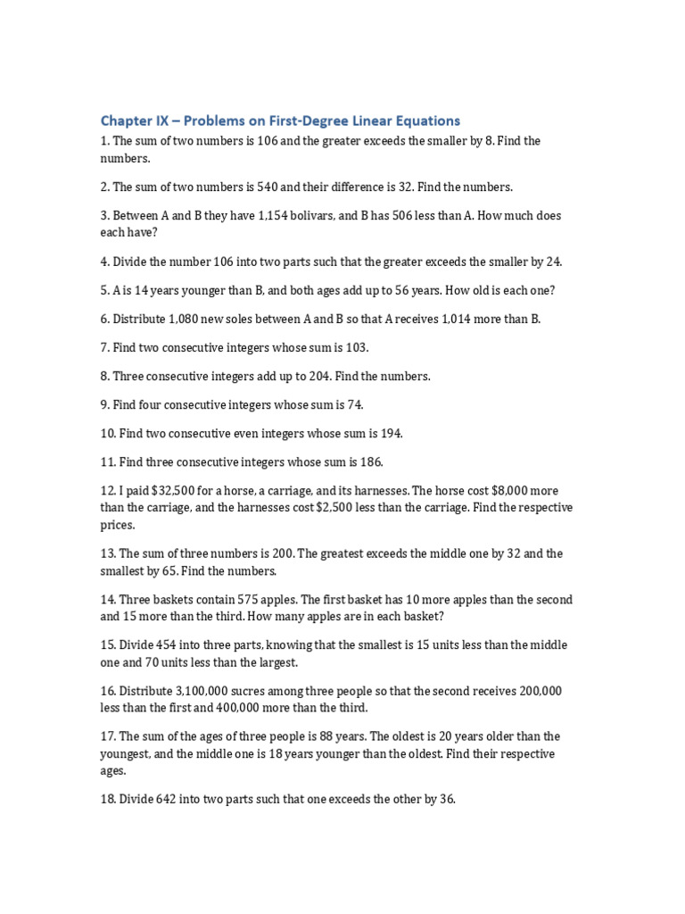First-Degree Linear Equation Problems | PDF