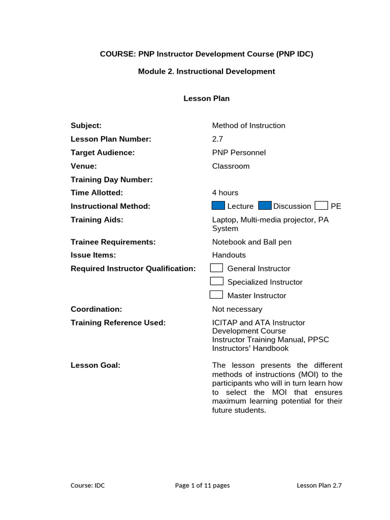 PNP Instructor Development: MOI Lesson Plan | PDF | Lecture | Lesson Plan