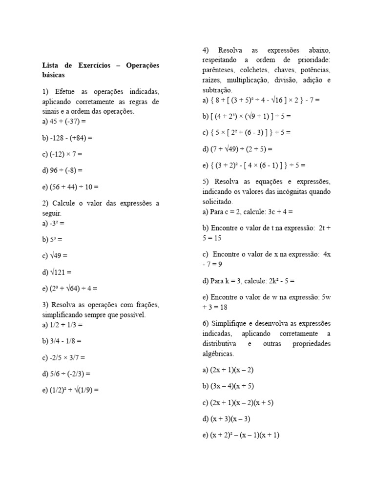 Exercícios de Operações Matemáticas | PDF