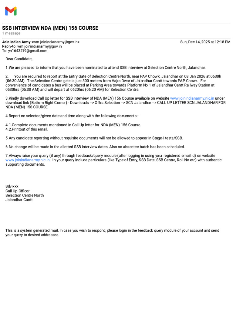 SSB Interview Call for NDA 156 Course | PDF