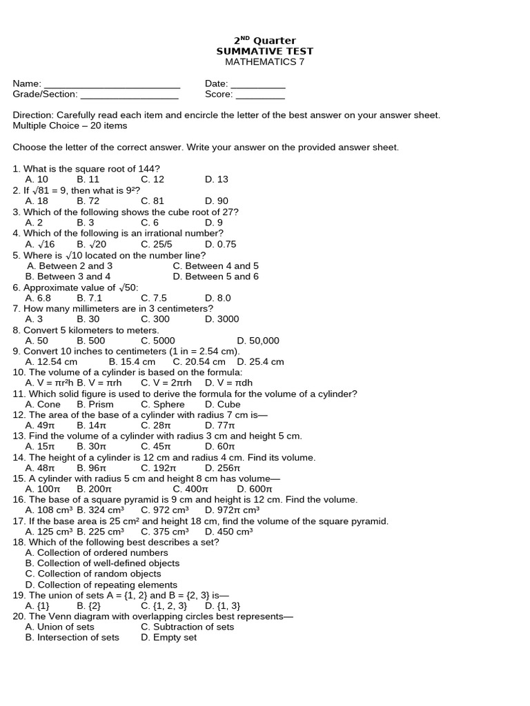 2ND Quarter Summative Test | PDF | Volume | Area