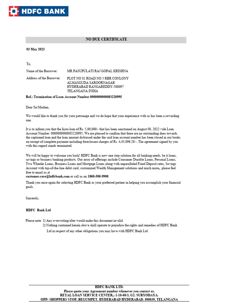 HDFC Bank Loan Closure Confirmation | PDF