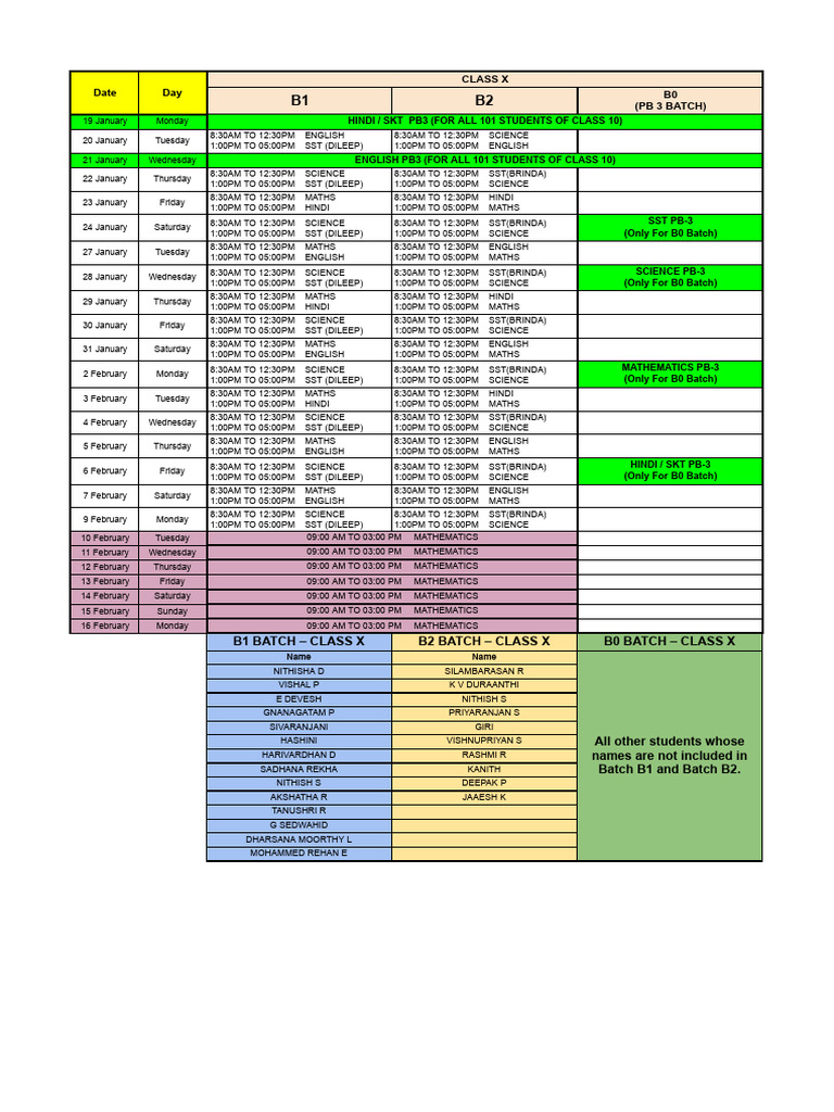 Class X Timetable January-February | PDF