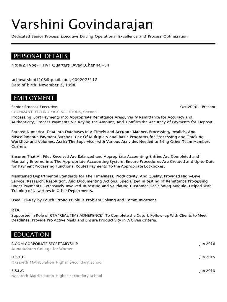 Varshini Resume PDF | PDF | Information Technology | Computing